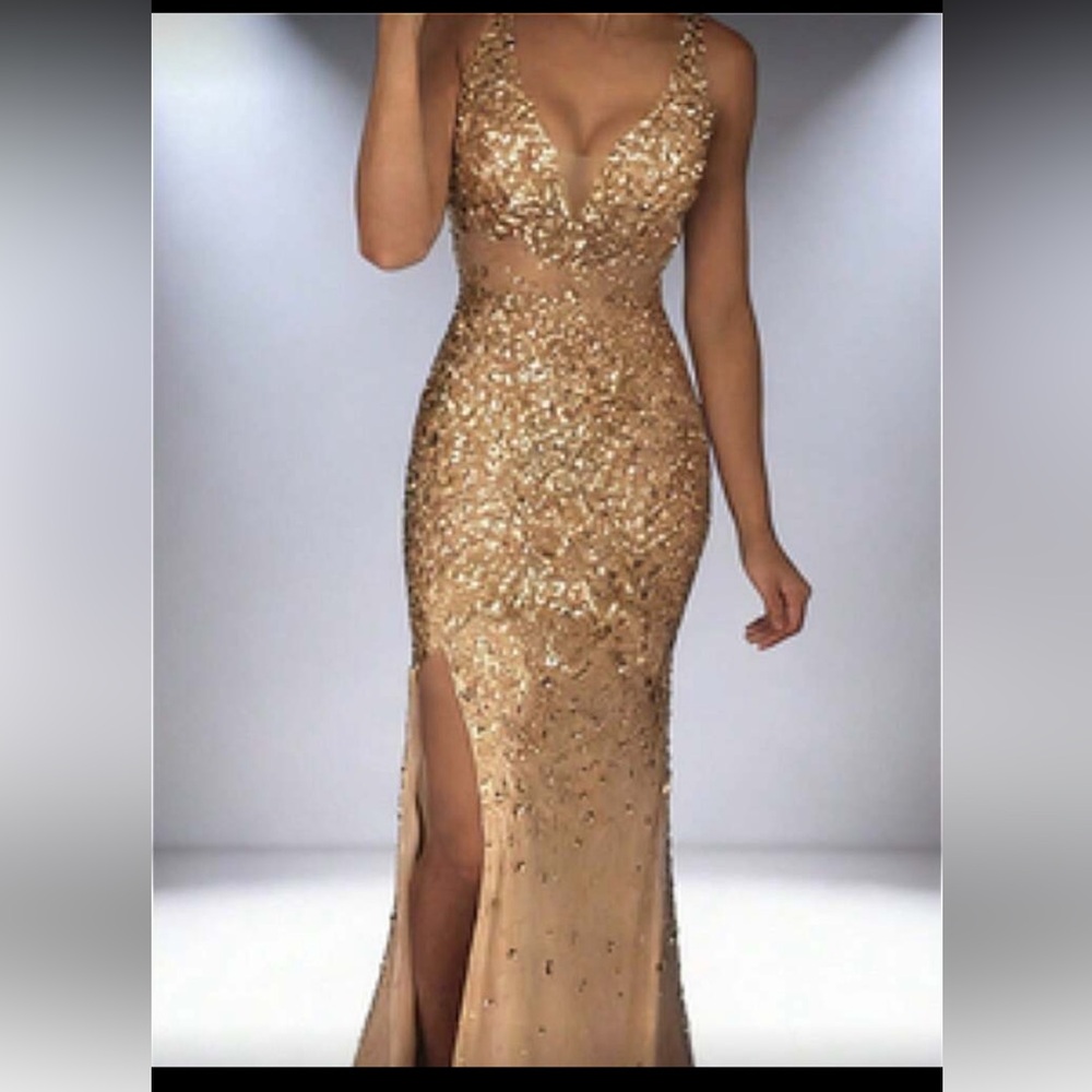 Gold Sequin V-Neck Prom Gown with Thigh Slit